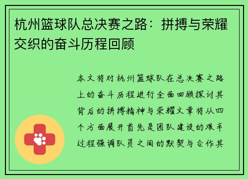 杭州篮球队总决赛之路：拼搏与荣耀交织的奋斗历程回顾